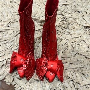 NWOB Red Paisley Bow Heeled Boots Pink Elephant Boots